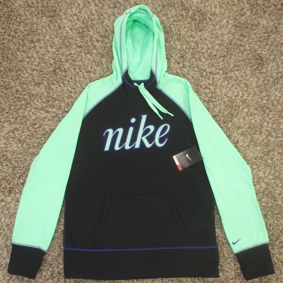 Nike Tops - Nike Hoodie Womens Large Mint Green Black Script Spell Out Therma Fit Sweatshirt